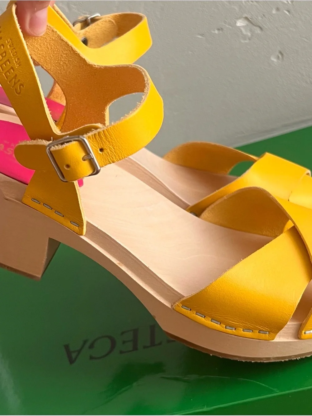 Swedish Hasbeens Yellow Leather Wedge Sandals
